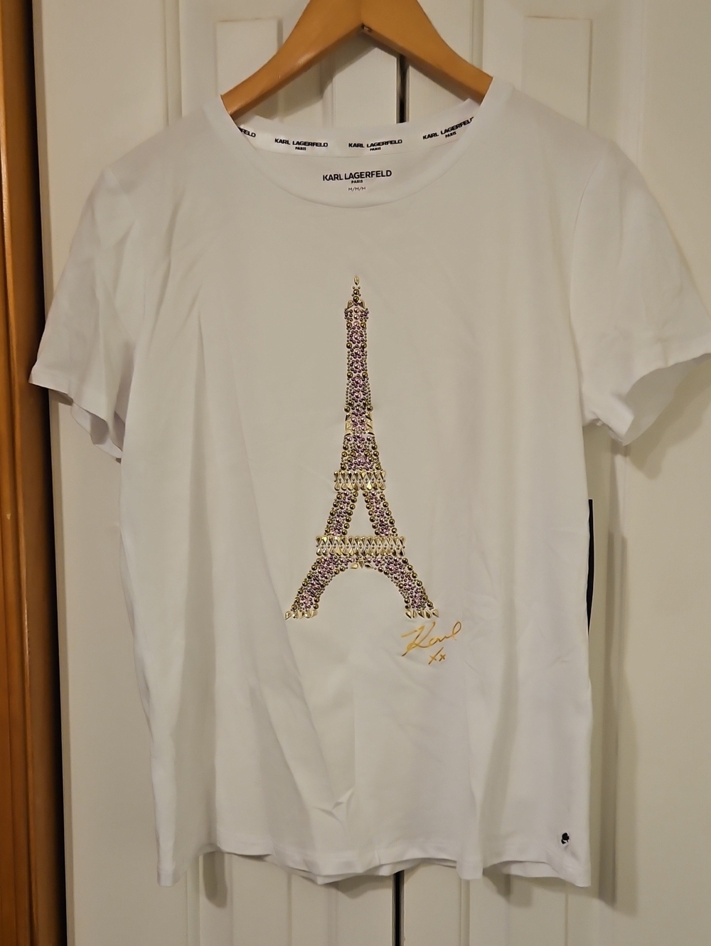 Karl Lagerfeld White Short-Sleeve Tee with Gold & Purple Eiffel Tower